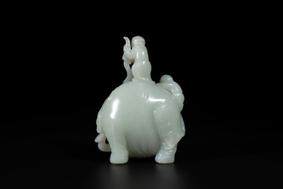 A Chinese celadon jade group of two boys cleansing an elephant, 18th C.