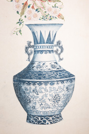 Chinese school: 'Archaic vase filled with flowers', ink and colour on paper, Cixi seal mark, 19/20th C.