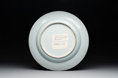 A Chinese famille rose armorial dish with incised rim for the English market with the arms of Willes Impaling Broster, Qianlong