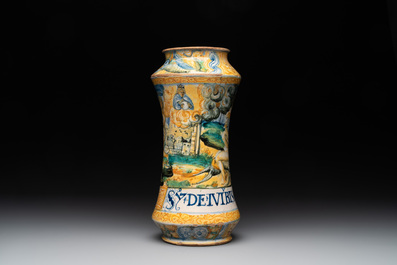 An Italian maiolica albarello with the arms of Boerio, Angelo and Ludovico Picchi workshop, Casteldurante, ca. 1562-1563