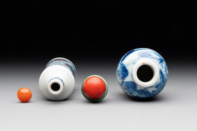 Two Chinese blue, white and copper-red snuff bottles, Gui Li Lian Nian 鮭鯉鰱鯰 and Qianlong mark, 18/19th C.
