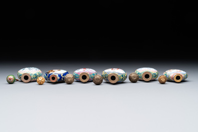 Six Chinese Peking enamel snuff bottles with European design, Qianlong mark, 19/20th C.
