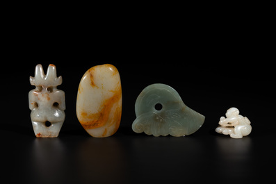 Three Chinese jades and an agate belt hook, Shang and later