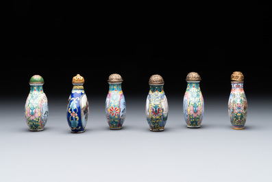 Six Chinese Peking enamel snuff bottles with European design, Qianlong mark, 19/20th C.