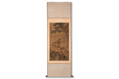 Chinese school: 'Two deer under a pine tree', ink and colour on silk, Qing or later