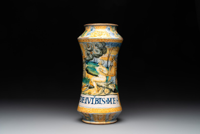 An Italian maiolica albarello with the arms of Boerio, Angelo and Ludovico Picchi workshop, Casteldurante, ca. 1562-1563