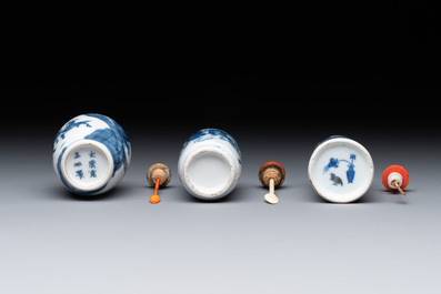Two Chinese blue and white snuff bottles and a blue, white and copper-red snuff bottle, Yongzheng mark, 19th C.