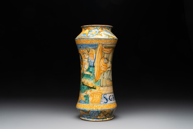 An Italian maiolica albarello with the arms of Boerio, Angelo and Ludovico Picchi workshop, Casteldurante, ca. 1562-1563