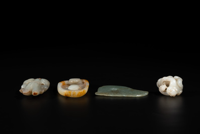 Three Chinese jades and an agate belt hook, Shang and later