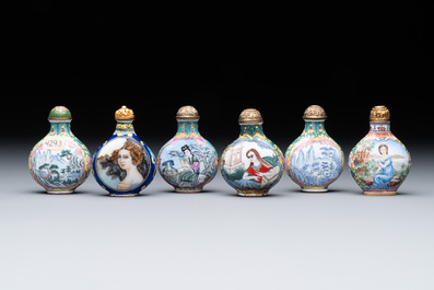 Six Chinese Peking enamel snuff bottles with European design, Qianlong mark, 19/20th C.