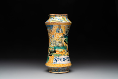 An Italian maiolica albarello with the arms of Boerio, Angelo and Ludovico Picchi workshop, Casteldurante, ca. 1562-1563