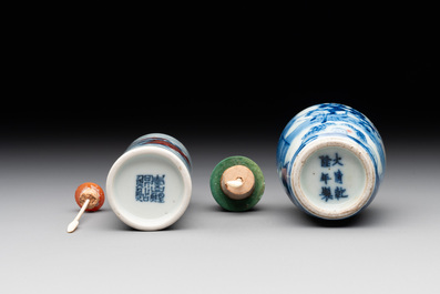 Two Chinese blue, white and copper-red snuff bottles, Gui Li Lian Nian 鮭鯉鰱鯰 and Qianlong mark, 18/19th C.