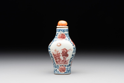A Chinese blue, white and copper-red snuff 'deer' bottle, Yongzheng mark and of the period