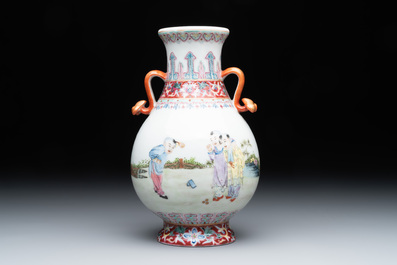 A Chinese famille rose 'hu' vase with playing boys, Qianlong mark, 20th C.