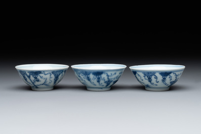 Three Chinese blue and white 'grapevines' cups, Yongzheng mark and of the period