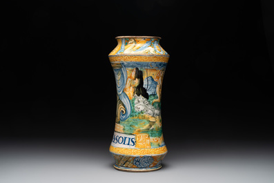 An Italian maiolica albarello with the arms of Boerio, Angelo and Ludovico Picchi workshop, Casteldurante, ca. 1562-1563