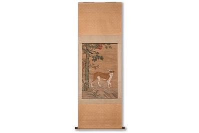 Chinese school, after Giuseppe Castiglione 郎世寧 (1688-1766): 'Hound under the sycamore tree', ink and colour on silk, Qianlong seal mark,18/19th C.
