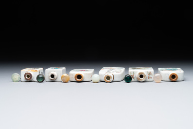 Six various Chinese famille rose snuff bottles, Zhou Hongkui 周洪葵造 mark, 19th C.