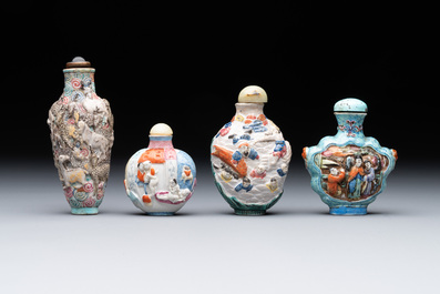 Eight Chinese moulded famille rose snuff bottles, Qianlong mark, 19th C.