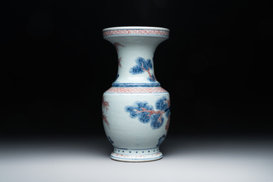 A fine Chinese blue, white and copper-red 'magpie and pine tree' vase, Yongzheng/Qianlong
