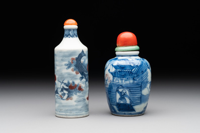Two Chinese blue, white and copper-red snuff bottles, Gui Li Lian Nian 鮭鯉鰱鯰 and Qianlong mark, 18/19th C.
