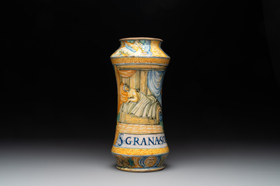 An Italian maiolica albarello with the arms of Boerio, Angelo and Ludovico Picchi workshop, Casteldurante, ca. 1562-1563