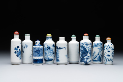Nine Chinese blue and white snuff bottles, Kangxi and Qianlong mark, 19th C.