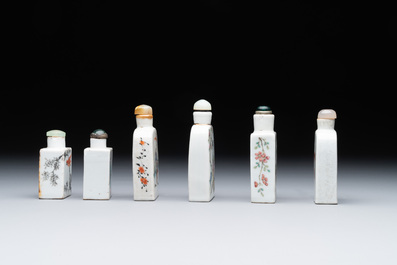 Six various Chinese famille rose snuff bottles, Zhou Hongkui 周洪葵造 mark, 19th C.