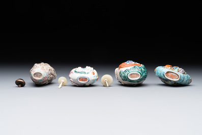 Eight Chinese moulded famille rose snuff bottles, Qianlong mark, 19th C.