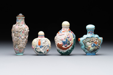 Eight Chinese moulded famille rose snuff bottles, Qianlong mark, 19th C.