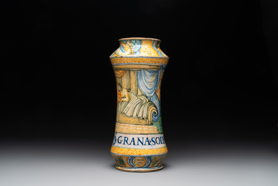 An Italian maiolica albarello with the arms of Boerio, Angelo and Ludovico Picchi workshop, Casteldurante, ca. 1562-1563