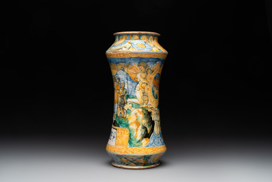 An Italian maiolica albarello with the arms of Boerio, Angelo and Ludovico Picchi workshop, Casteldurante, ca. 1562-1563