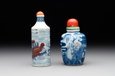 Two Chinese blue, white and copper-red snuff bottles, Gui Li Lian Nian 鮭鯉鰱鯰 and Qianlong mark, 18/19th C.