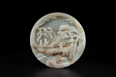 A Chinese celadon and russet jade plaque with landscape design, 19th C.