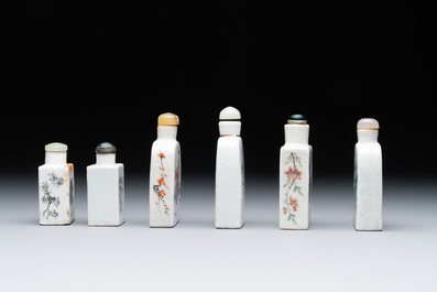 Six various Chinese famille rose snuff bottles, Zhou Hongkui 周洪葵造 mark, 19th C.