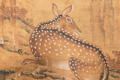 Chinese school: 'Two deer under a pine tree', ink and colour on silk, Qing or later