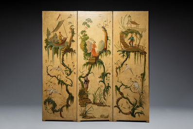 A French or Belgian three-part 'chinoiserie' folding screen, 18/19th C.
