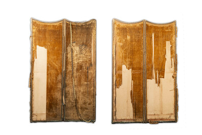 A pair of Chinese gold-thread-embroidered silk 'antiquities' folding screens, 19th C.