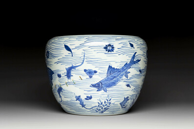 A Chinese blue and white 'carp' fishbowl, Kangxi