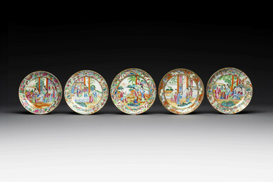 Thirteen Chinese Canton famille rose plates with narrative design, 19th C.