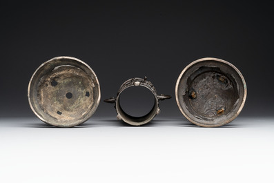 Two Chinese Chinese bronze cylindrical incense stick holders and a covered censer, Yuan/Ming and Qing