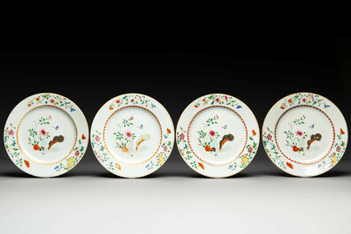 A Chinese famille rose dish and four plates with floral design, Qianlong