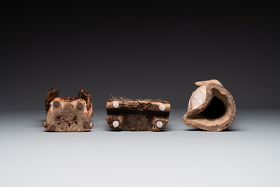 A group of 9 Chinese terracotta and wooden figures, Northern Qi and later