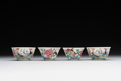 Two pairs of Chinese famille rose cups and saucers with pheasants and roosters, Yongzheng/Qianlong