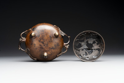 Two Chinese Chinese bronze cylindrical incense stick holders and a covered censer, Yuan/Ming and Qing
