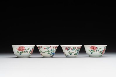Two pairs of Chinese famille rose cups and saucers with pheasants and roosters, Yongzheng/Qianlong
