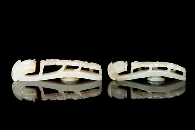 Two fine Chinese white jade carved belt hooks, Qing