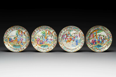 Thirteen Chinese Canton famille rose plates with narrative design, 19th C.