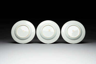 Two sets of six Chinese famille rose plates with peonies, Yongzheng/Qianlong