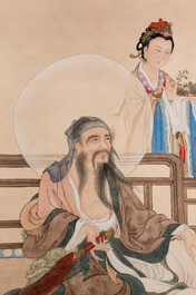 Huang Bore 黃般若 (1901-1968): 'Vimalakirti and his servant', ink and colour on paper, dated 1947
